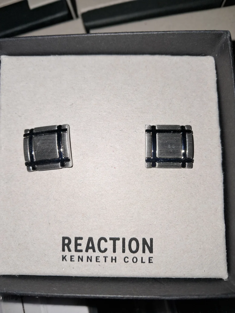 Kenneth Cole Reaction Brushed Silver Square Grid Cufflinks